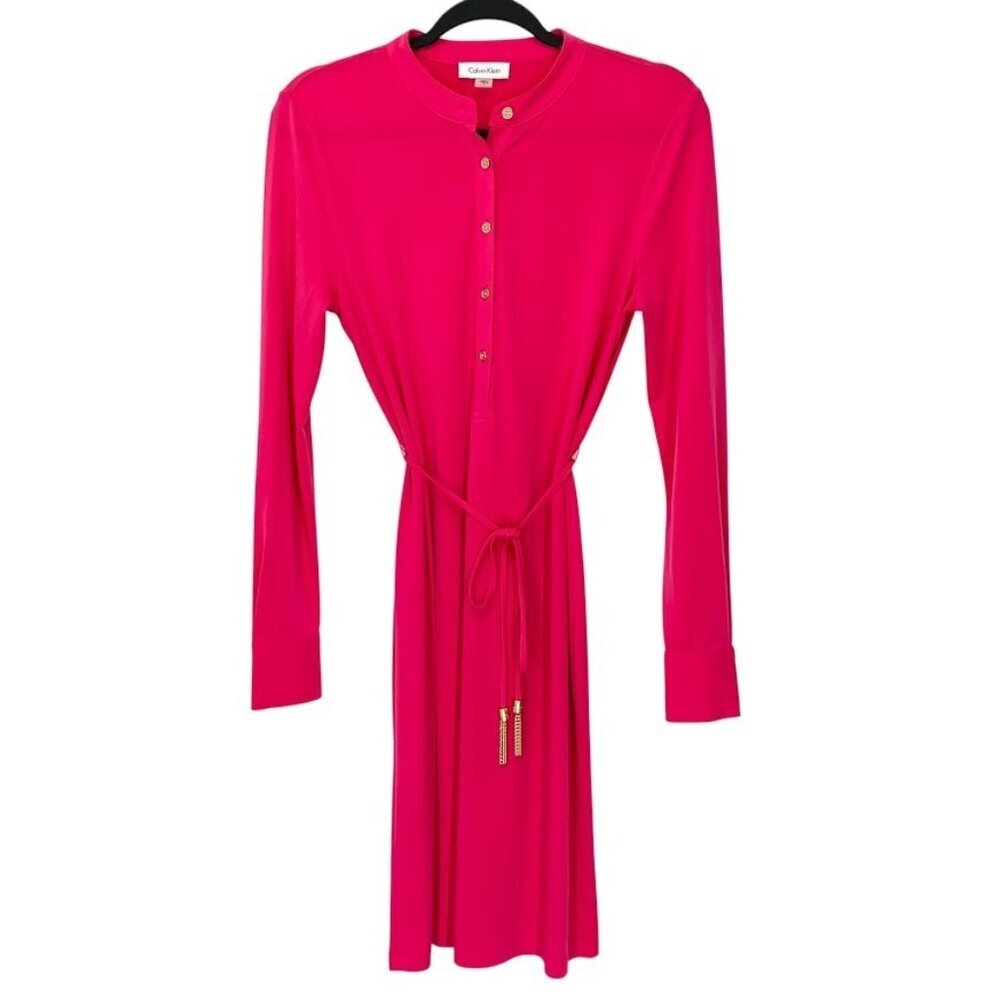 Calvin Klein Belted A-Line Shirt Dress Pink Fuchsia Size 6 Minimalist Chic